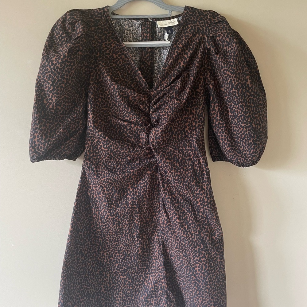 Universal Thread Brown Pleated Sheath Dress with Puff Sleeves